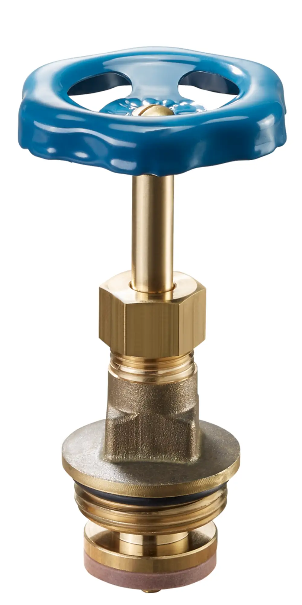 Oventrop Oberteil mit blauem Handrad und goldenem Anschluss, verwendet für Bypass-Strecke und Verschneidearmatur, sichtbar sind O-Ring und Gussteil.